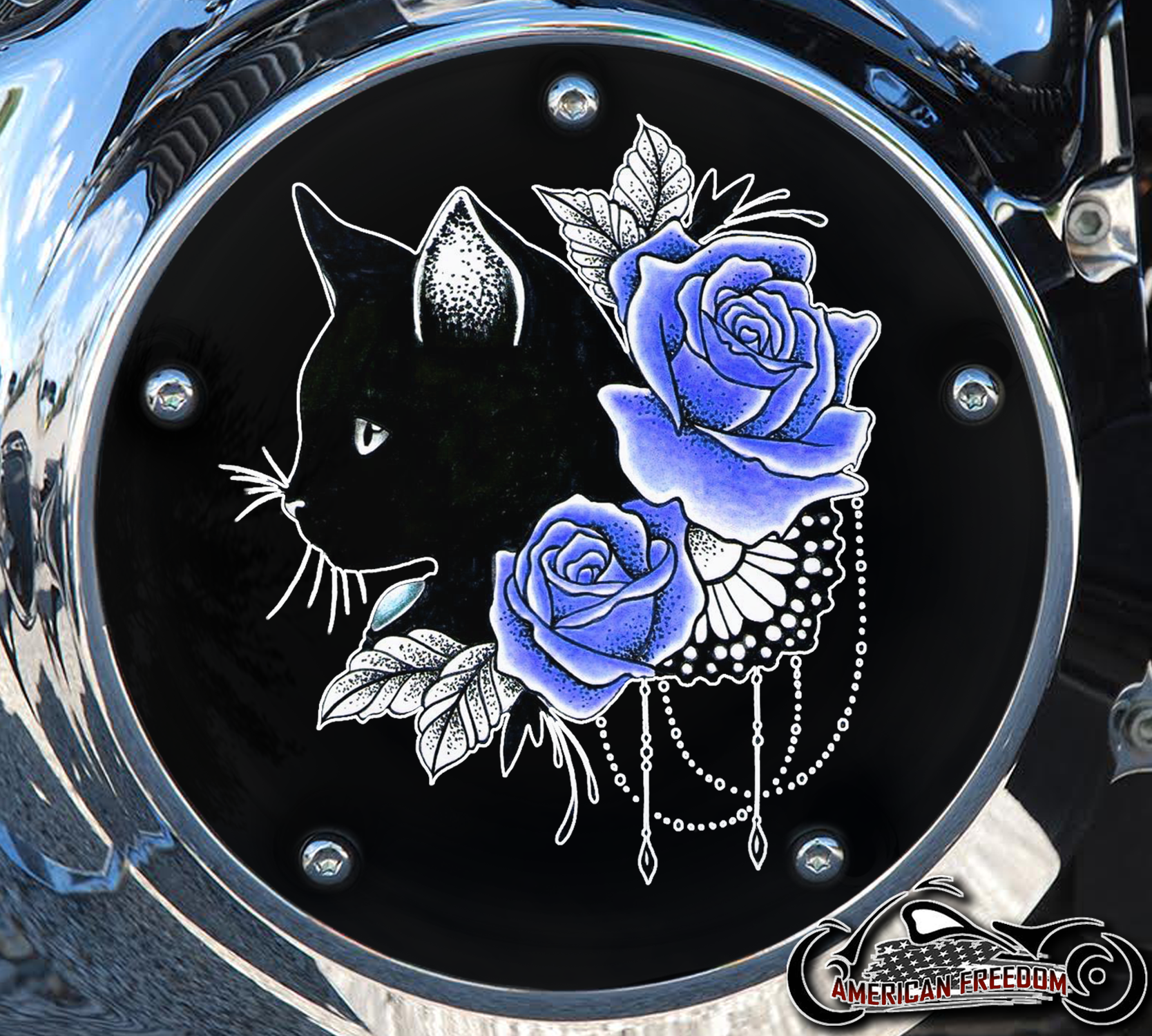 Custom Derby Cover - Roses Cat Blue